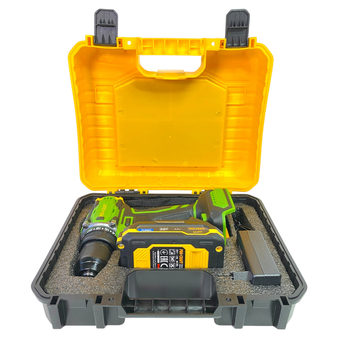 Procraft PA18Pro2-1B-C Perceuse-visseuse sans fil 20 V 30 Nm Brushless + 1x batterie 2,0 Ah + chargeur + 13 pcs. jeu d'embouts + coffret