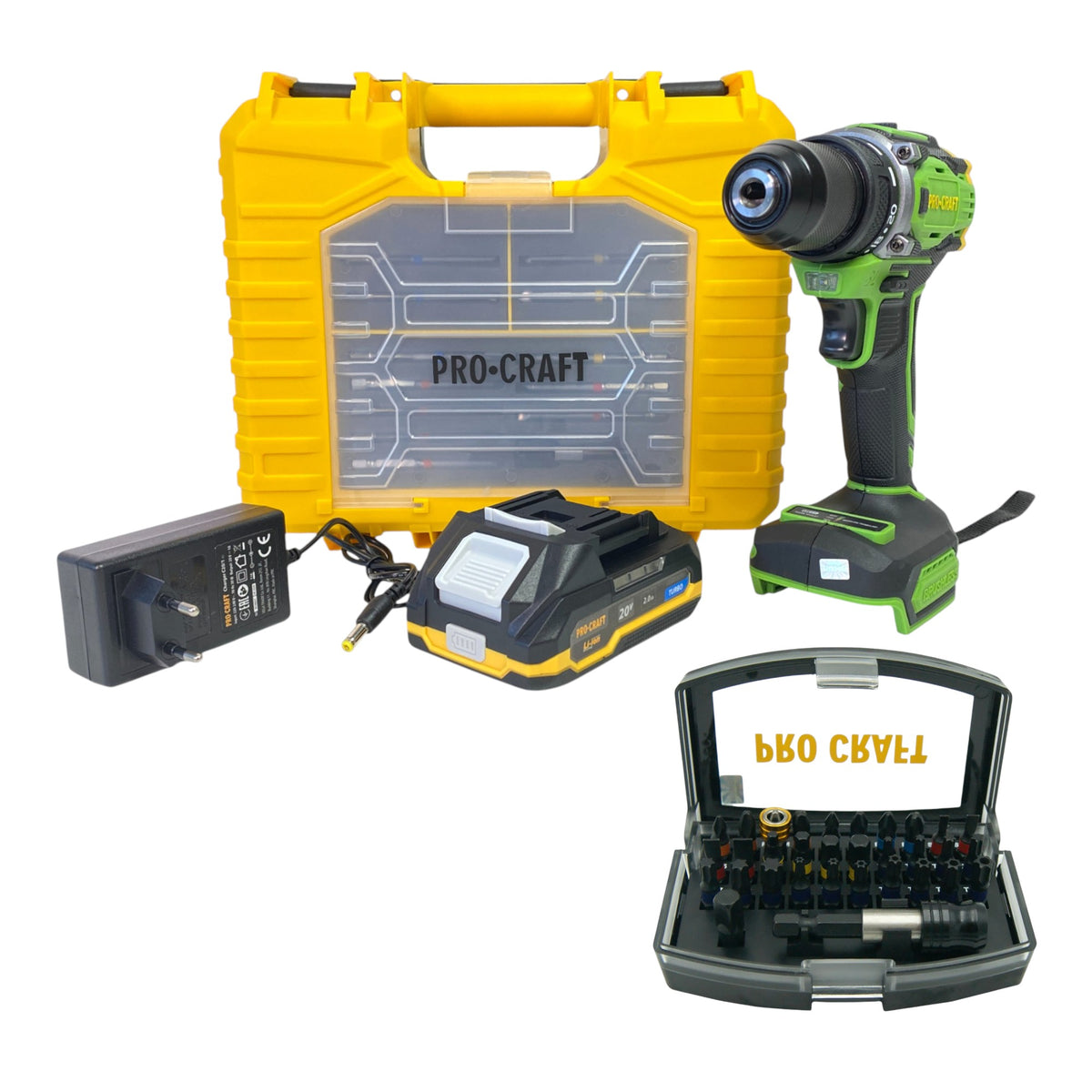 Procraft PA18Pro2-1B-C Perceuse-visseuse sans fil 20 V 30 Nm Brushless + 1x batterie 2,0 Ah + chargeur + 13 pcs. jeu d'embouts + coffret