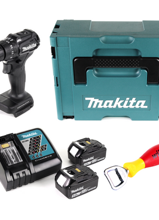 Makita DHP 483 RTJB Akku Schlagbohrschrauber 18 V 40Nm schwarz im Makpac + Wiha Flaschenöffner + 2x 5,0 Ah Akku + Ladegerät - Toolbrothers