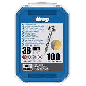 KREG Vis à tête bombée Pocket-Hole 38mm 100 pces ( SML-C150-100 ) Entraînement carré Filetage partiel Filetage grossier autotaraudeur galvanisé
