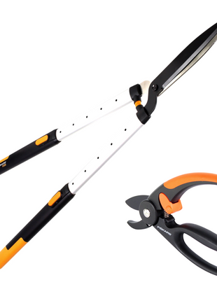 Fiskars Set 1x Teleskop Heckenschere HS86 68 cm auf 93 cm + 1x P43 Amboss Gartenschere Fingerloop - Toolbrothers