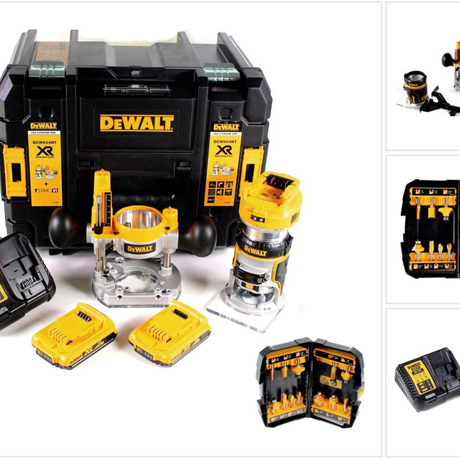 DeWalt DCW 604 D2 Akku Kombifräse 18V 55 mm + 2x Akkus 2,0 Ah + 1x Schnellladegerät + Fräser Set 12 tlg in TSTAK - Toolbrothers