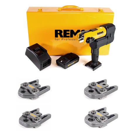 REMS Akku-Press 22V ACC + 1x Akku 2,5Ah + Schnellladegerät + Pressbacken Presszangen Standard M15,18,22,28 im Stahlblechkasten - Toolbrothers