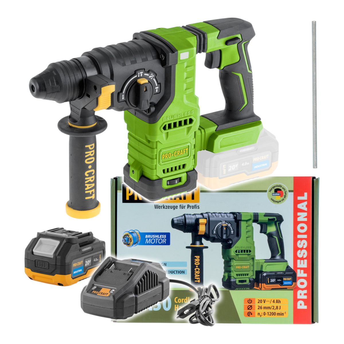 Marteau perforateur sans fil Procraft PHA30-1B 20 V 2,8 J SDS plus Brushless + 1 batterie 4,0 Ah + chargeur