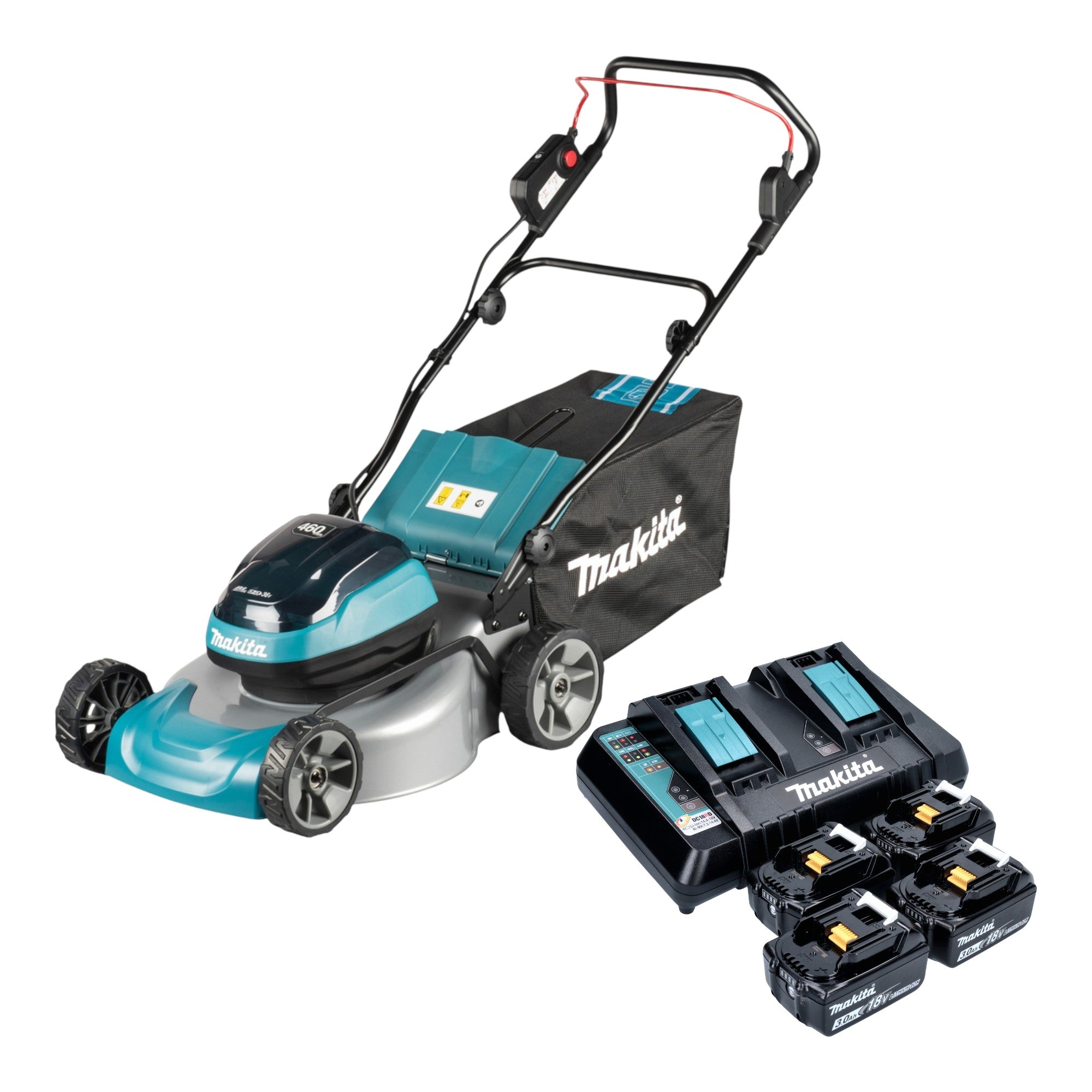 Makita DLM 466 PF4 Akku Rasenmaeher 36 V 2x 18 V 46 cm Brushless 4x Akku 3 0 Ah Ladegeraet 0 - toolbrothers