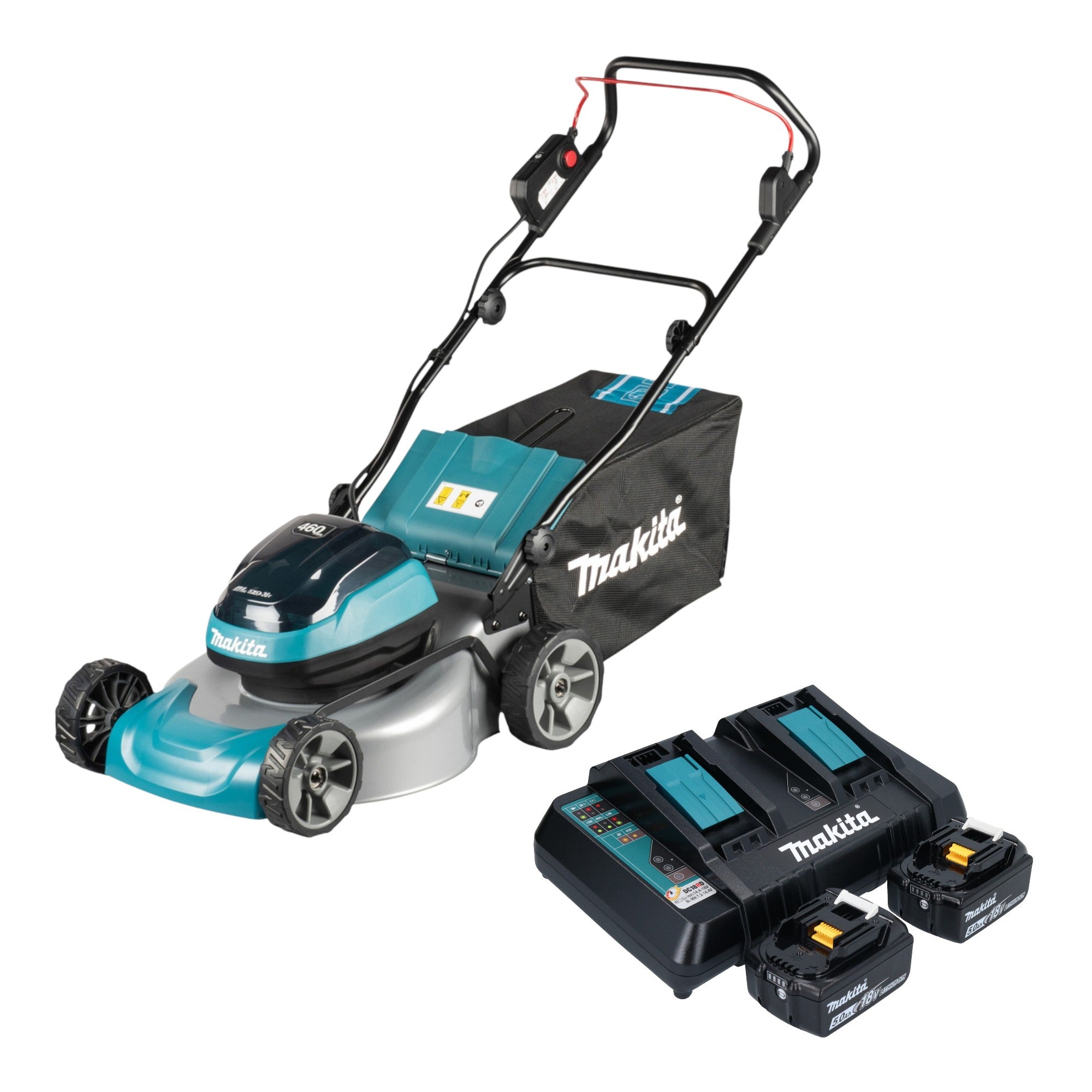 Makita DLM 466 PT2 Akku Rasenmaeher 36 V 2x 18 V 46 cm Brushless 2x Akku 5 0 Ah Ladegeraet 0 - toolbrothers