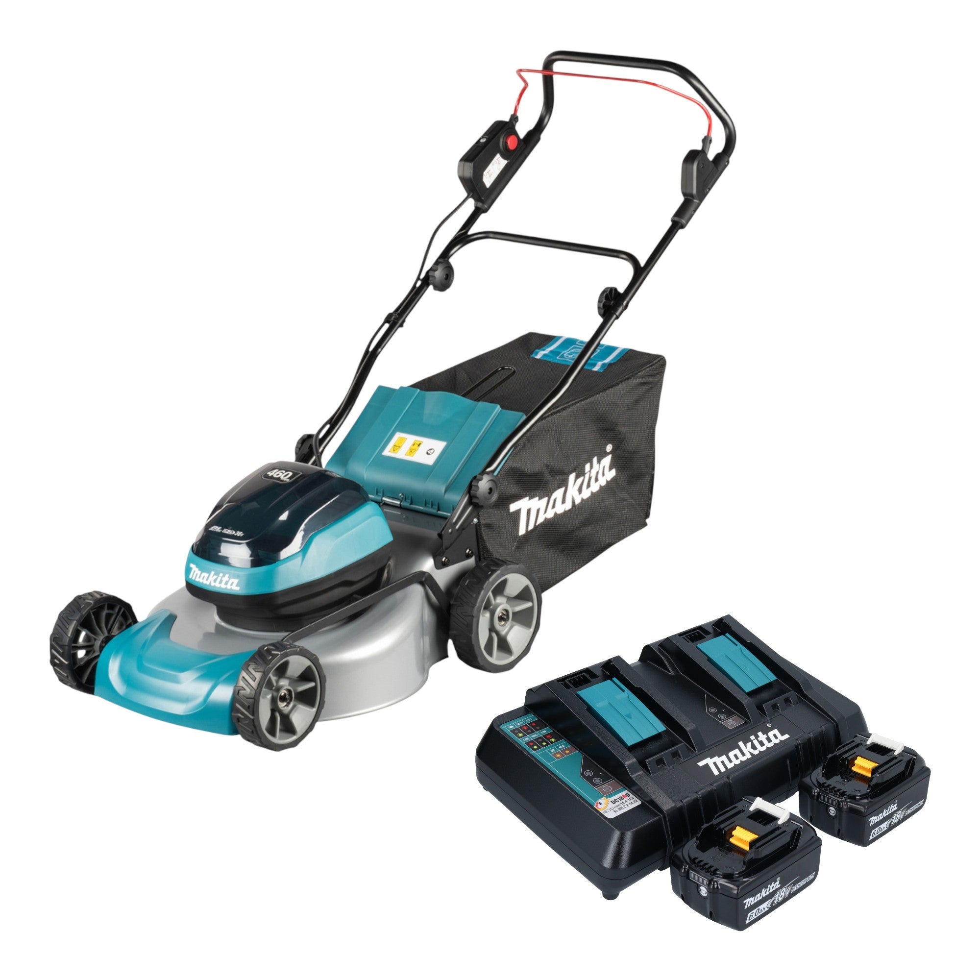 Makita DLM 466 PG2 Akku Rasenmaeher 36 V 2x 18 V 46 cm Brushless 2x Akku 6 0 Ah Ladegeraet 0 - toolbrothers