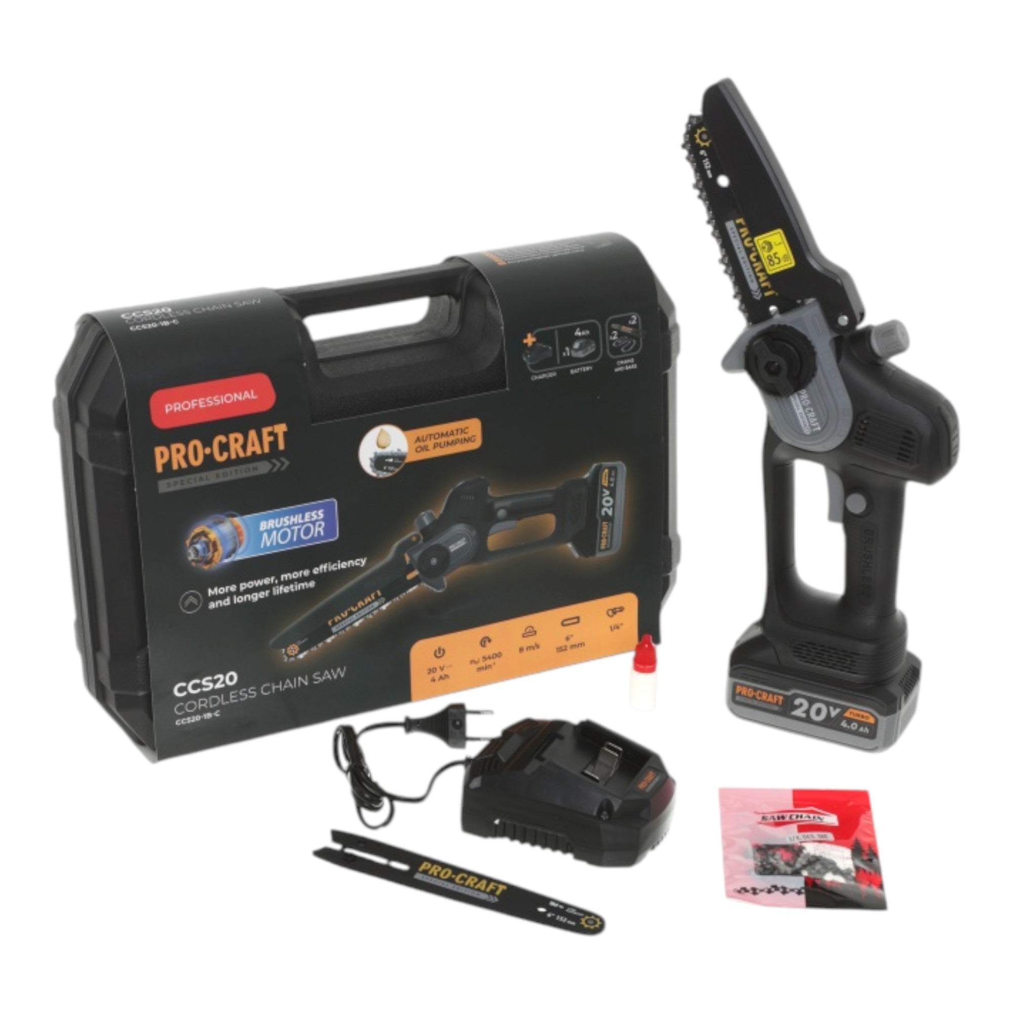 Procraft CCS20 Akku Mini Kettensaege 20 V 152 mm Brushless 1x Akku 4 0 Ah Ladegeraet Koffer 0 - toolbrothers