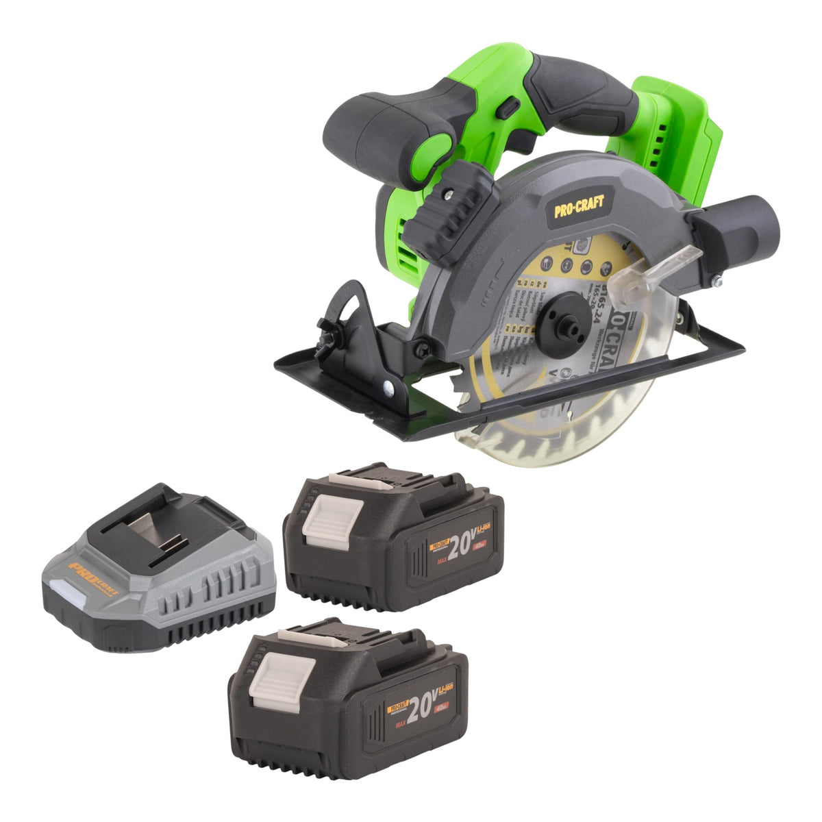 Scie circulaire sans fil Procraft PCA28bb 20 V 165 mm sans balais + 2 batteries 4,0 Ah + chargeur