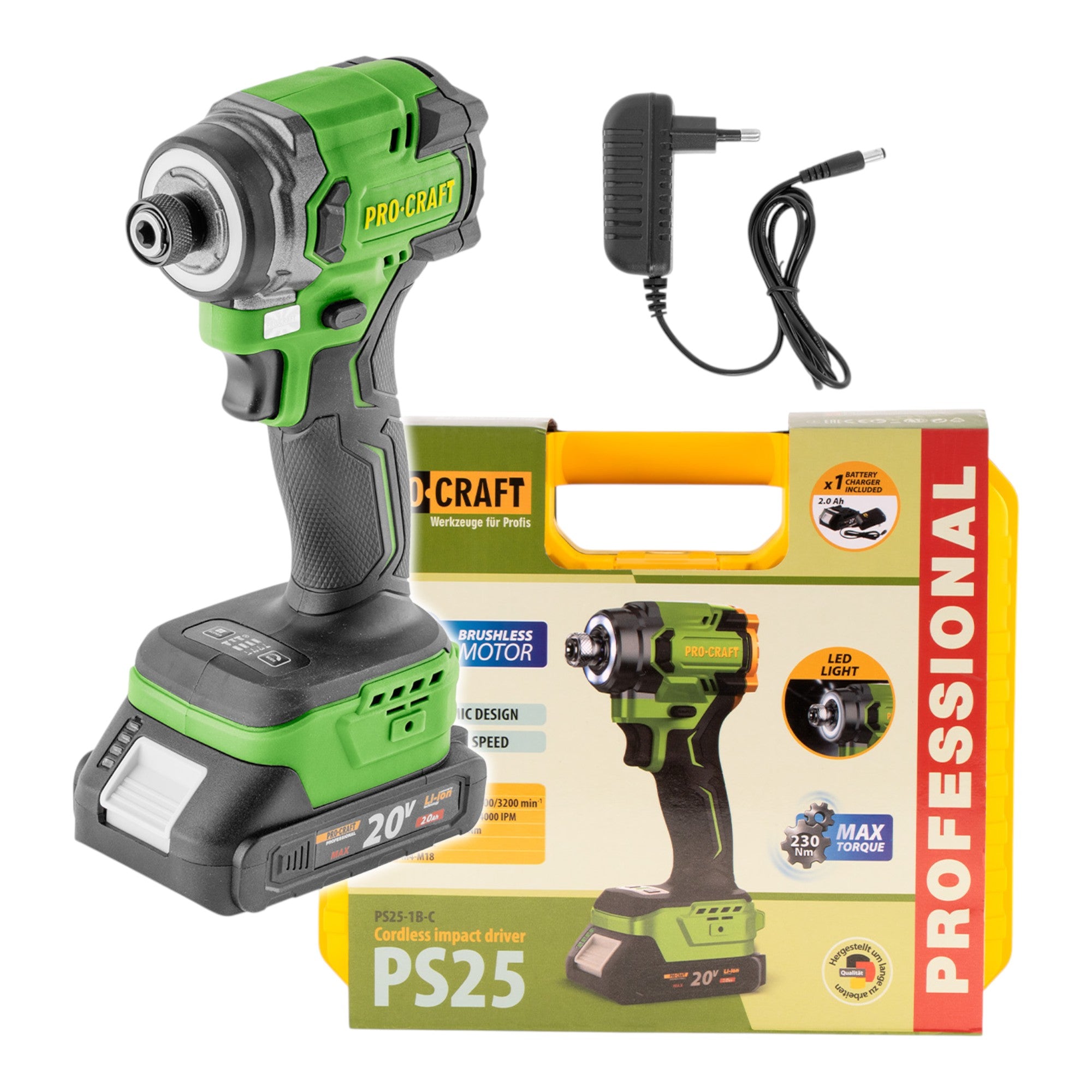 Procraft PS25 1B C Akku Schlagschrauber 20 V 230 Nm 1 4 Brushless 1x Akku 2 0 Ah Ladegeraet Koffer 0 - toolbrothers