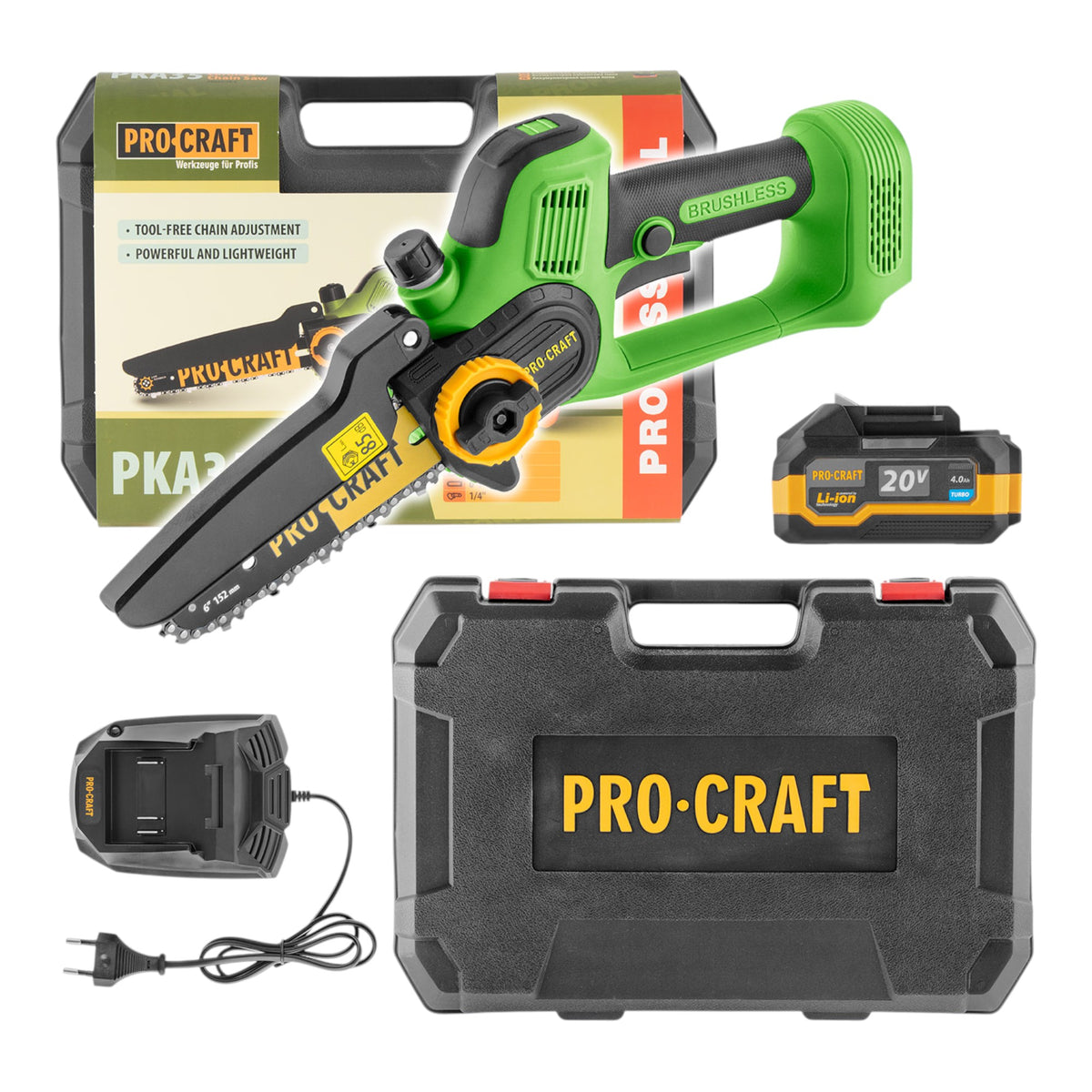 Procraft PKA35 Scie à chaîne sans fil pour élagage 20 V 152 mm Brushless + 1 batterie 4,0 Ah + chargeur + mallette