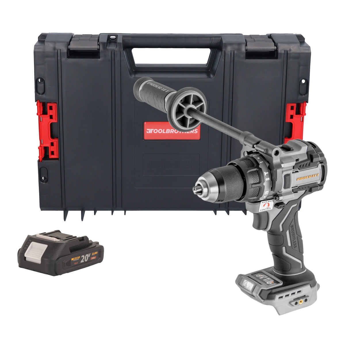 Perceuse-visseuse à percussion sans fil ProCraft Industrial CD20C-BB 20 V 120 Nm sans balais + 1 batterie 2,0 Ah + mallette à outils RHINO - sans chargeur
