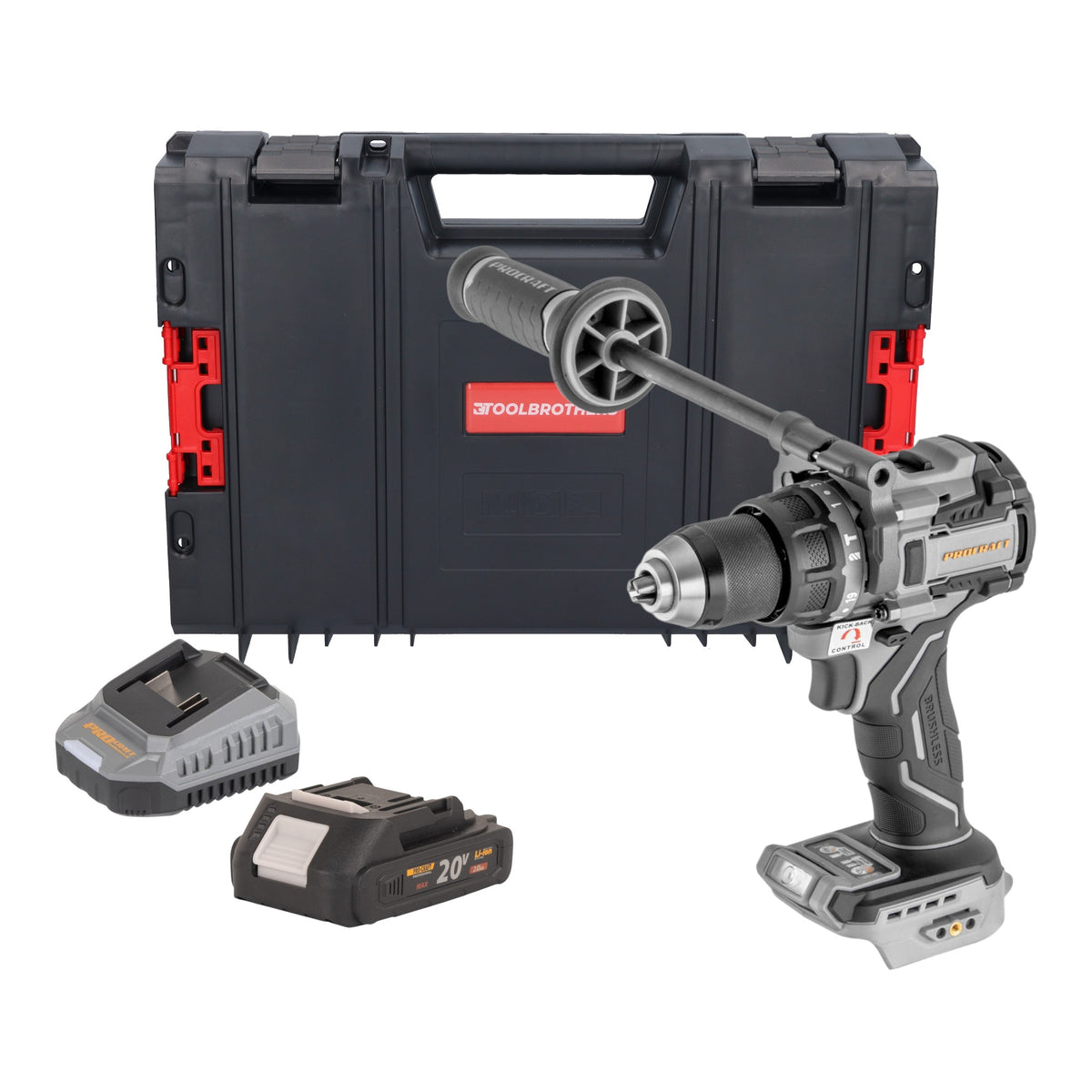 Perceuse-visseuse à percussion sans fil ProCraft Industrial CD20C-BB 20 V 120 Nm sans balais + 1 batterie de 2,0 Ah + chargeur + mallette RHINO