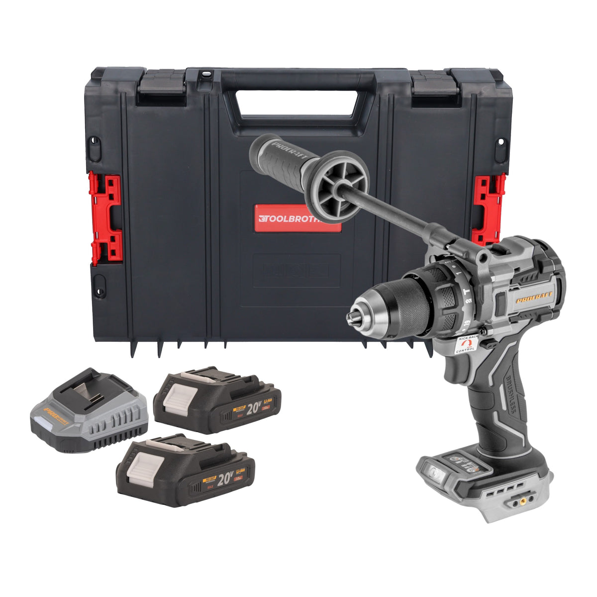 Perceuse-visseuse à percussion sans fil ProCraft Industrial CD20C-BB 20 V 120 Nm sans balais + 2 batteries 2,0 Ah + chargeur + mallette RHINO