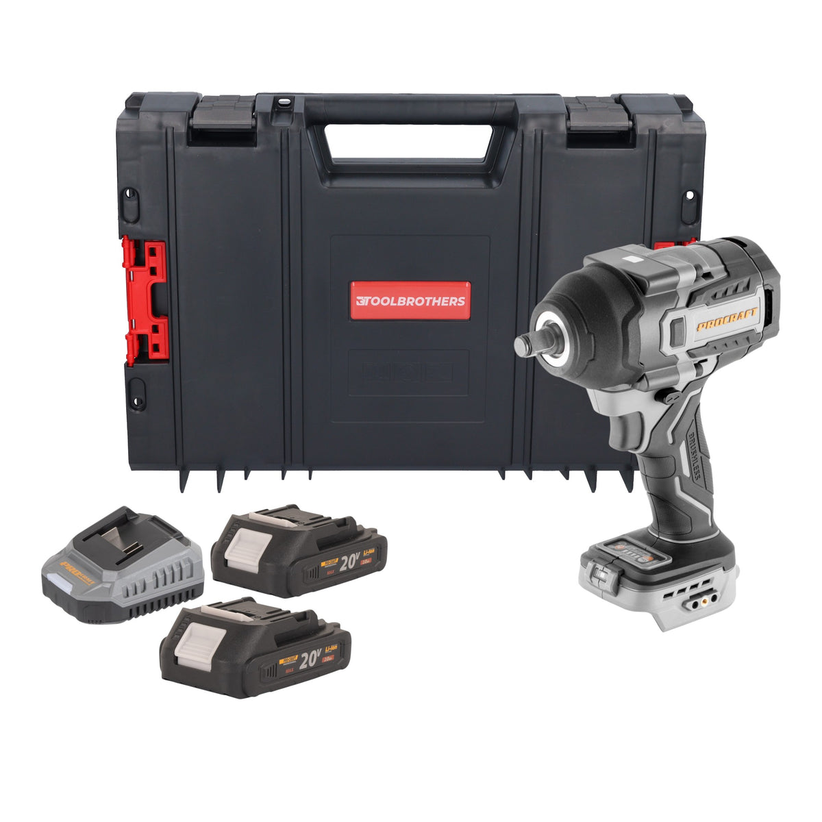 Visseuse à chocs sans balais ProCraft Industrial IW850A-BB 20 V 850 Nm 1/2" + 2 batteries 2,0 Ah + chargeur + mallette à outils RHINO