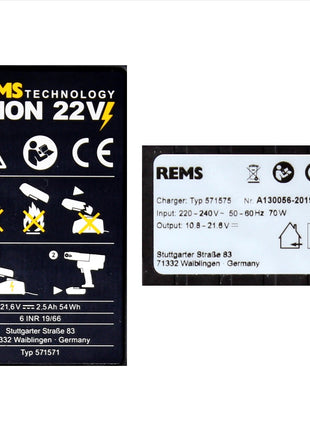 REMS Akku Set Power Pack 21,6V (22V max) mit 2x Akku 2,5Ah + Ladegerät 90W ( 571585 ) - Toolbrothers