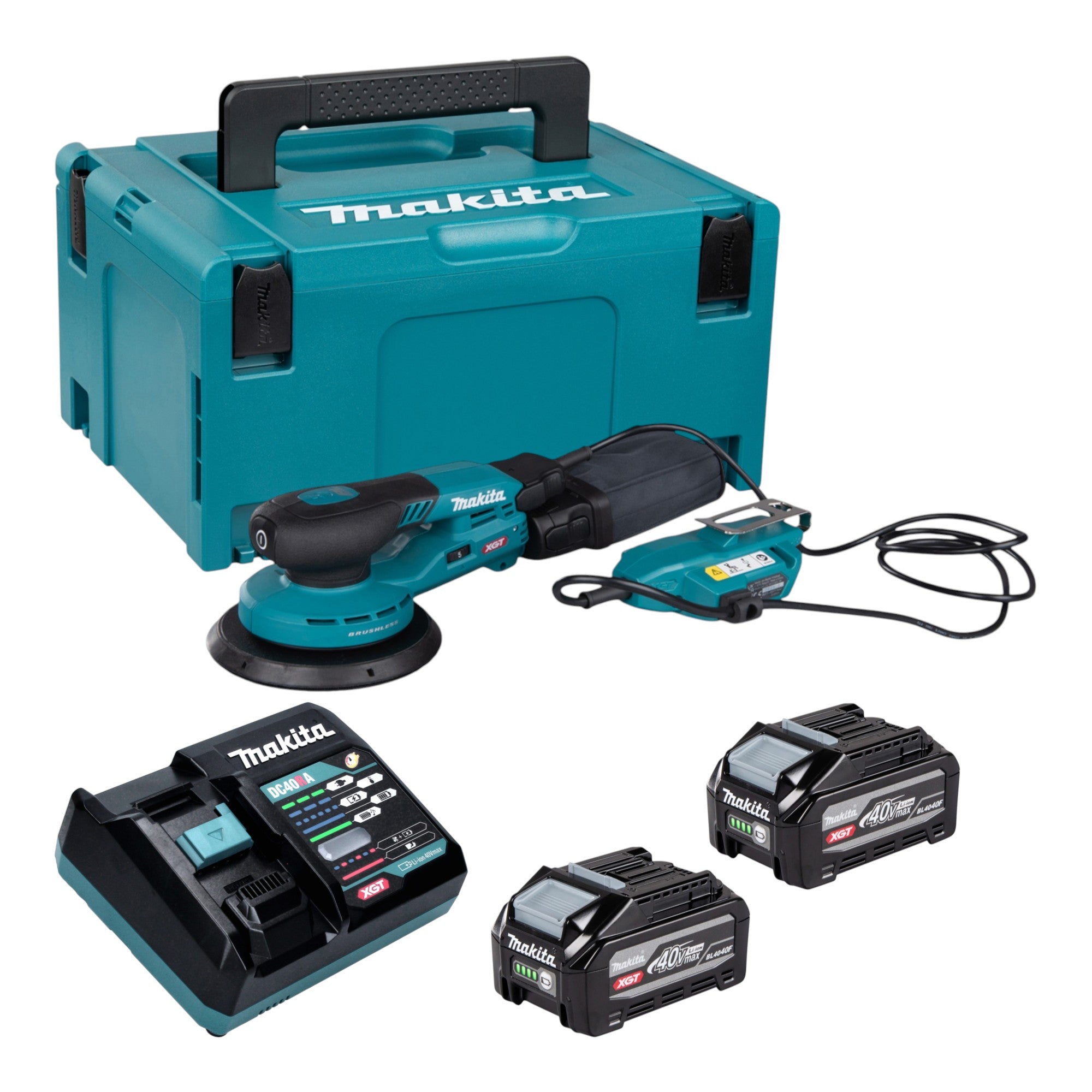 Makita BO 002 CGU201 Akku Exzenterschleifer 40 V max 150 mm 5 0 mm Hub Brushless 2x Akku 4 0 Ah Ladegeraet Makpac 0 - toolbrothers
