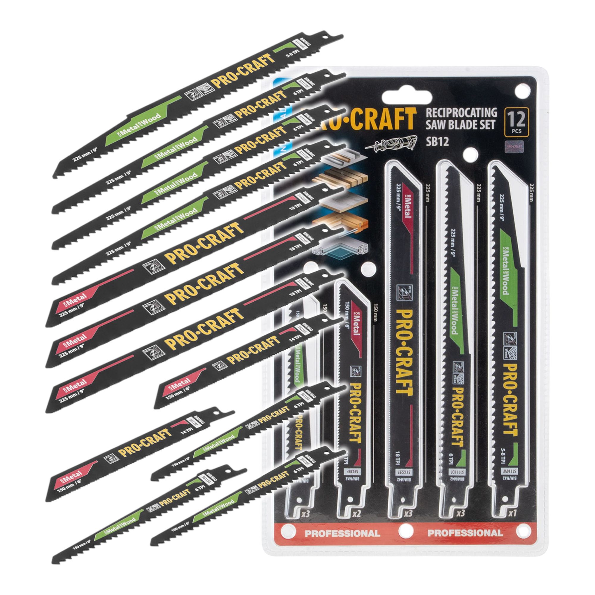 Procraft SB12 Saebelsaegeblatt Set 12 tlg 150 225 mm fuer Holz Metall Kunststoff 0 - toolbrothers