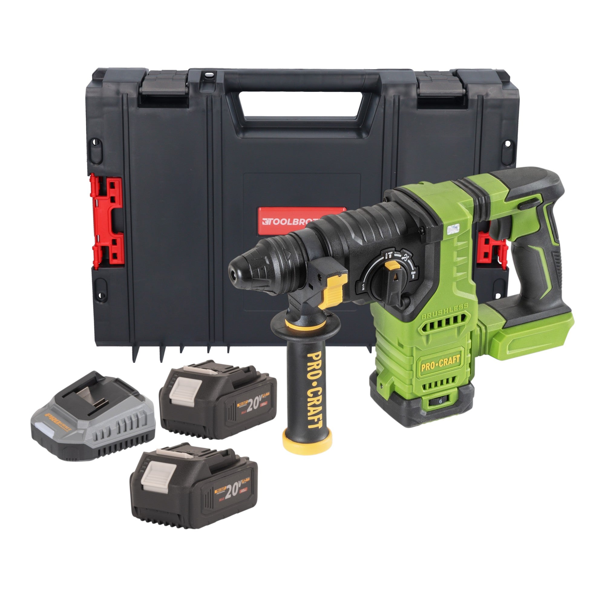 Procraft PHA30bb Akku Bohrhammer 20 V 2 8 J SDS plus Brushless 2x Akku 4 0 Ah Ladegeraet RHINO Toolcase 0 - toolbrothers