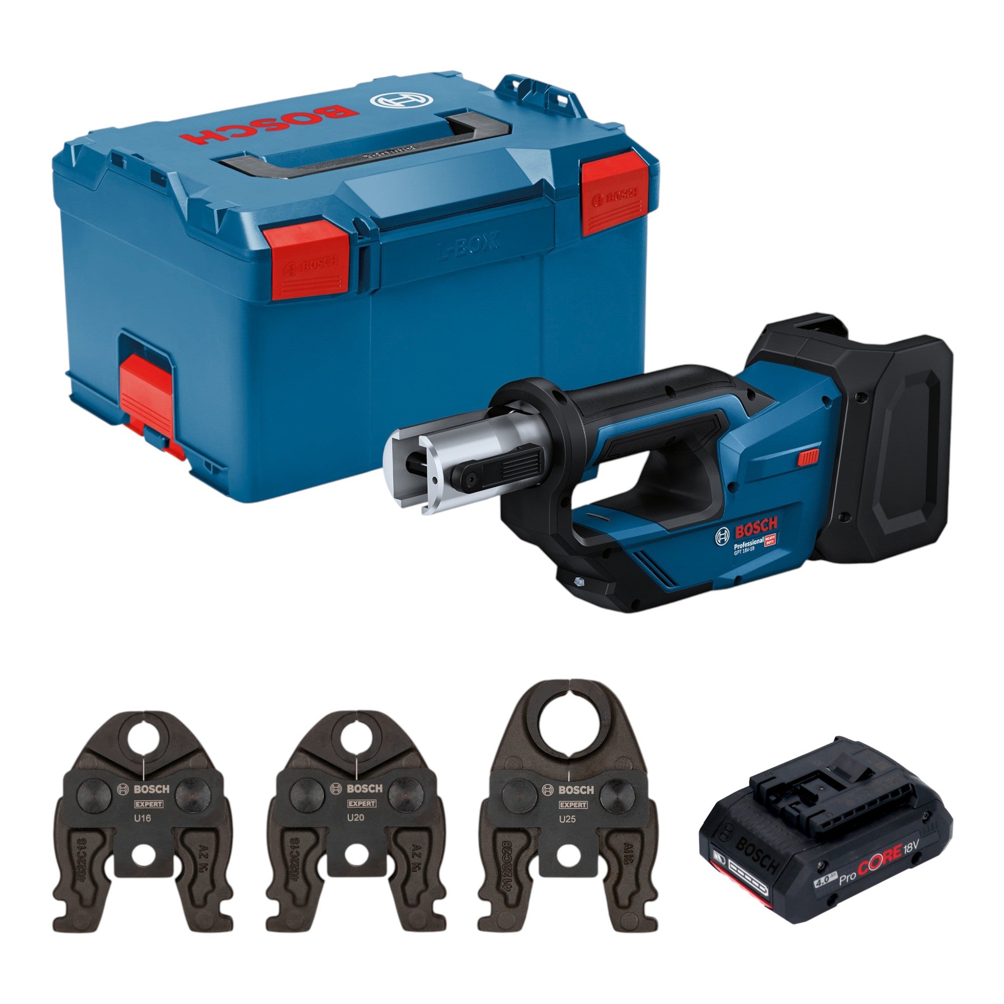 Bosch GPT 18V 19 Professional Akku Presswerkzeug 18 V 21 kN 1x ProCORE Akku 4 0 Ah 3x Pressbacke L Boxx ohne Ladegeraet 0 - toolbrothers