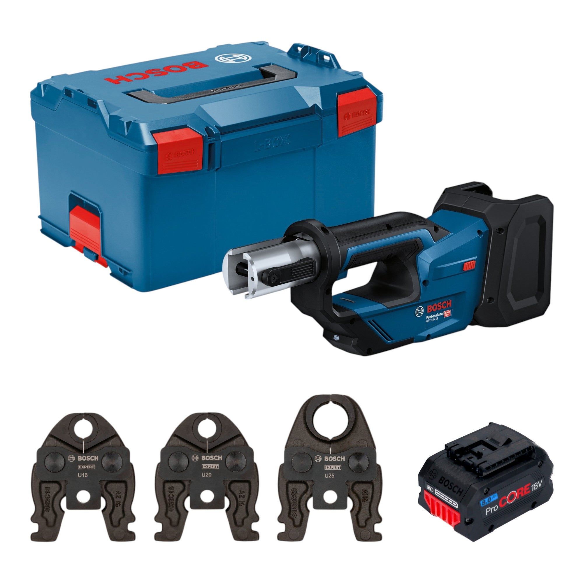 Bosch GPT 18V 19 Professional Akku Presswerkzeug 18 V 21 kN 1x ProCORE Akku 8 0 Ah 3x Pressbacke L Boxx ohne Ladegeraet 0 - toolbrothers