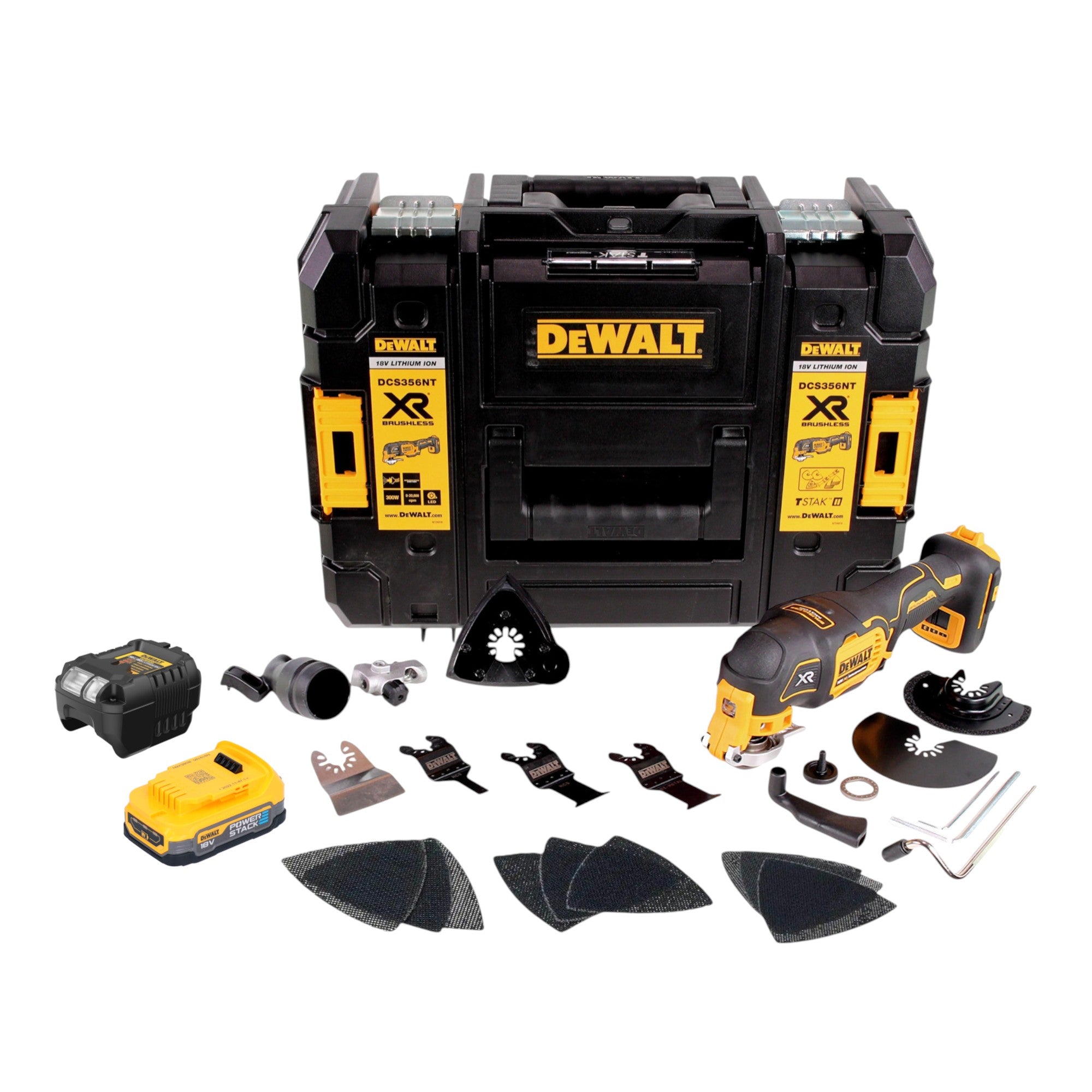 DeWalt DCS 356 E1T Akku Multitool 18 V Brushless 1x Powerstack Akku 1 7 Ah Ladegeraet 20 tlg Zubehoer TSTAK 0 - toolbrothers