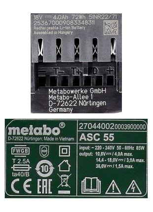 Metabo Akku Basis Set 18V mit 2x Akku LiHD 4,0Ah ( 625367000 ) + Ladegerät ASC 55 ( 627044000 ) Folgemodell vom ASC 30-36 - Toolbrothers