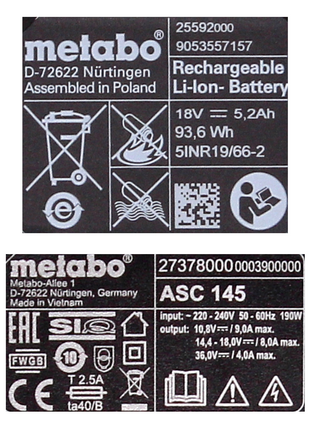 Metabo Basis Set 2x Li-Power Akkupack 18 V 5,2 Ah CAS Li-Ion Akku ( 2x 625028000 ) + ASC 145 Schnell Ladegerät ( ‭627378000‬ ) + MetaLoc - Toolbrothers