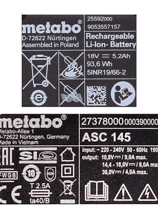 Metabo Basis Set 3x Li-Power Akkupack 18 V 5,2 Ah CAS Li-Ion Akku ( 3x 625028000 ) + ASC 145 Schnell Ladegerät ( ‭627378000‬ ) + MetaLoc - Toolbrothers