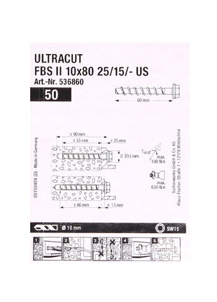 Fischer ULTRACUT FBS II Vis à béton 10x80mm 25/15/-, 50 pcs., Douille hexagonale SW15 ( 536860 )