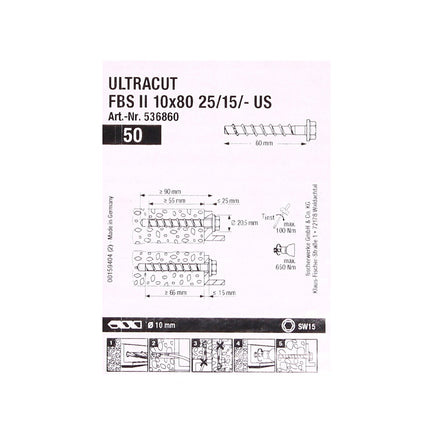 Fischer ULTRACUT FBS II Vis à béton 10x80mm 25/15/-, 50 pcs., Douille hexagonale SW15 ( 536860 )