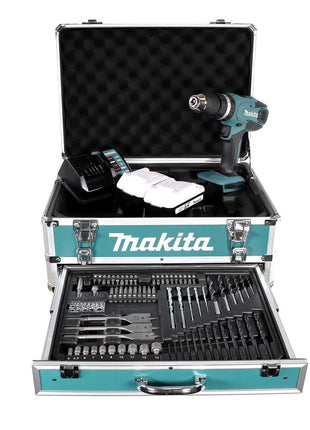 Taladro percutor inalámbrico Makita HP 457 DWEX4 18V 42Nm Serie G + 2x baterías 1,5Ah + cargador + juego de brocas 70 piezas + estuche