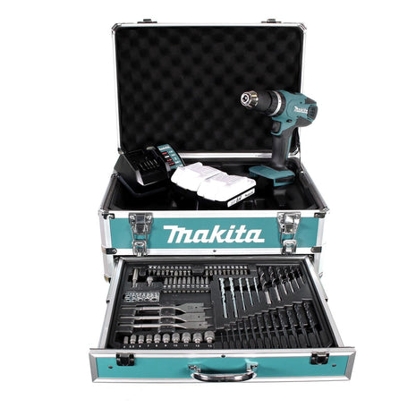 Taladro percutor inalámbrico Makita HP 457 DWEX4 18V 42Nm Serie G + 2x baterías 1,5Ah + cargador + juego de brocas 70 piezas + estuche