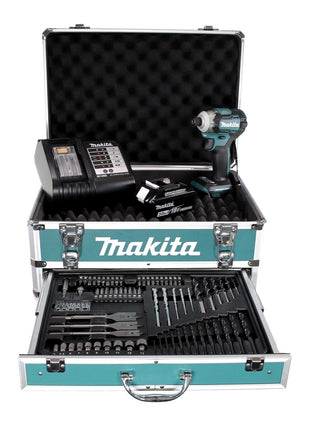 Clé à chocs sans fil Makita DTD 170 SFX4 18V 175Nm sans balais + 1x batterie 3,0Ah + chargeur + 70 pièces. Coffret forets + coffret