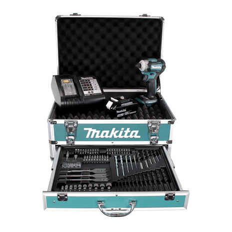 Clé à chocs sans fil Makita DTD 170 SFX4 18V 175Nm sans balais + 1x batterie 3,0Ah + chargeur + 70 pièces. Coffret forets + coffret