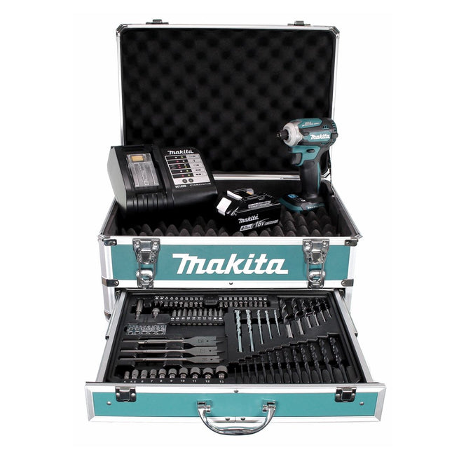 Makita DTD 171 SMX4 clé à chocs sans fil 18 V 180 Nm 1/4" sans balais + 1 batterie 4,0 Ah + chargeur + jeu de 70 forets + mallette