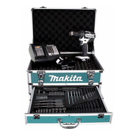 Taladro percutor inalámbrico Makita DHP 482 W SFX4 18 V 62 Nm + 1x batería 3.0Ah + cargador + 70 piezas. Juego de brocas + estuche