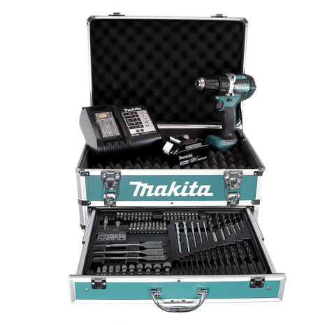 Llave de impacto inalámbrica Makita DDF 484 SFX4 18 V 54 Nm sin escobillas + 1x batería 3,0 Ah + cargador + 70 piezas. Juego de brocas + estuche