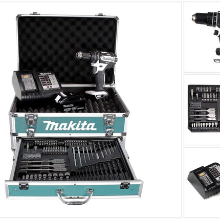 Perceuse à percussion sans fil Makita DHP 482 W SMX4 18 V 62 Nm + 1x batterie 4,0 Ah + chargeur + 70 pièces. Coffret forets + coffret