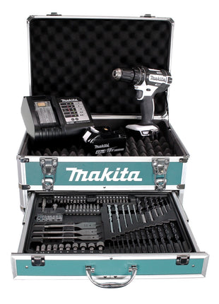 Perceuse à percussion sans fil Makita DHP 482 W SMX4 18 V 62 Nm + 1x batterie 4,0 Ah + chargeur + 70 pièces. Coffret forets + coffret