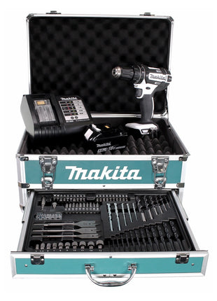 Perceuse à percussion sans fil Makita DHP 482 W STX4 18 V 62 Nm + 1x batterie 5,0 Ah + chargeur + 70 pièces. Coffret forets + coffret