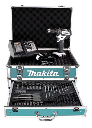 Perceuse à percussion sans fil Makita DHP 482 W SGX4 18 V 62 Nm + 1x batterie 6,0 Ah + chargeur + 70 pièces. Coffret forets + coffret