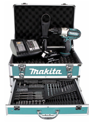 Makita DDF 451 SGX4 Perceuse-visseuse sans fil 18V 80Nm + 1x batterie 6,0Ah + chargeur + 70tlg. Jeu de forets à embouts + Coffret