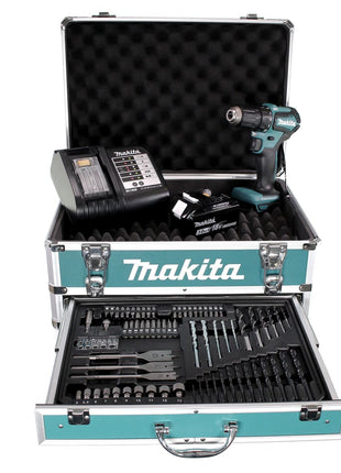 Makita DDF 483 SFX4 perceuse-visseuse sans fil 18 V 40 Nm sans balais + 1x batterie 3,0 Ah + chargeur + 70 pièces. Coffret forets + coffret