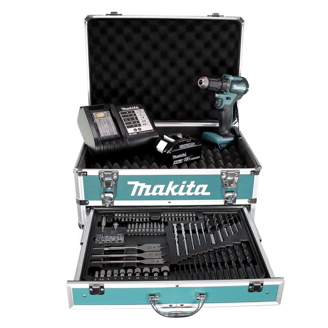Makita DDF 483 SMX4 perceuse-visseuse sans fil 18 V 40 Nm sans balais + 1x batterie 4,0 Ah + chargeur + 70 pièces. Coffret forets + coffret
