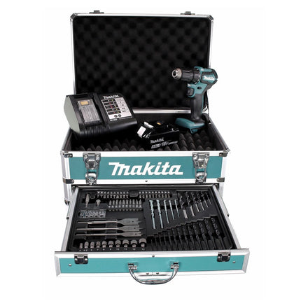 Makita DDF 483 STX4 perceuse-visseuse sans fil 18 V 40 Nm sans balais + 1x batterie 5,0 Ah + chargeur + 70 pièces. Coffret forets + coffret