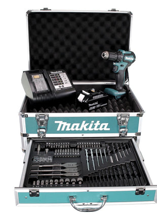 Makita DDF 483 SGX4 perceuse-visseuse sans fil 18 V 40 Nm sans balais + 1x batterie 6,0 Ah + chargeur + 70 pièces. Coffret forets + coffret