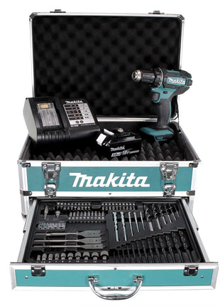 Taladro atornillador inalámbrico Makita DDF 482 SFX4 18 V 62 Nm + 1x batería 3,0 Ah + cargador + 70 piezas. Juego de brocas + estuche