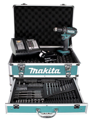 Perceuse-visseuse sans fil Makita DDF 482 STX4 18 V 62Nm + 1x batterie 5,0Ah + chargeur + 70 pièces. Coffret forets + coffret