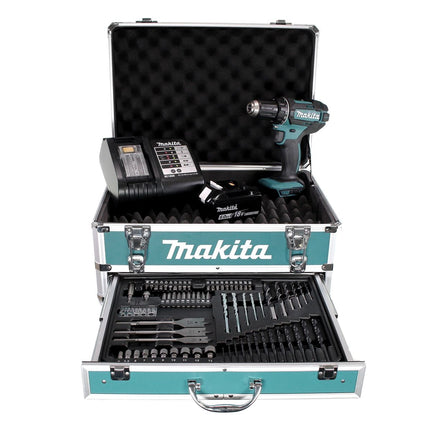 Perceuse-visseuse sans fil Makita DDF 482 SGX4 18 V 62 Nm + 1x batterie 6,0 Ah + chargeur + 70 pièces. Coffret forets + coffret